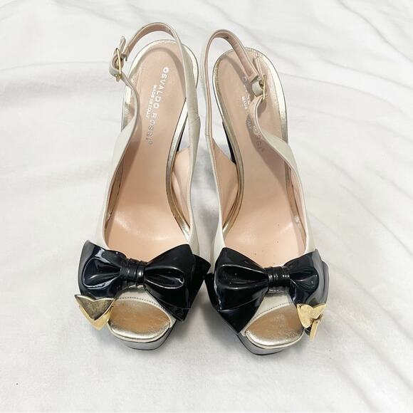 Osvaldo Rossi made in Italy high heel pumps bow gold ivory back open toe size 38 - Picture 2 of 8